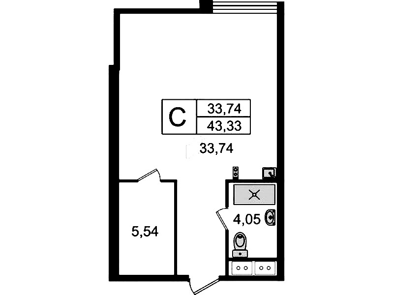 Квартира студия 43.33 м², 4/14 эт., Комплекс апартаментов «Ladozhsky Avenir»